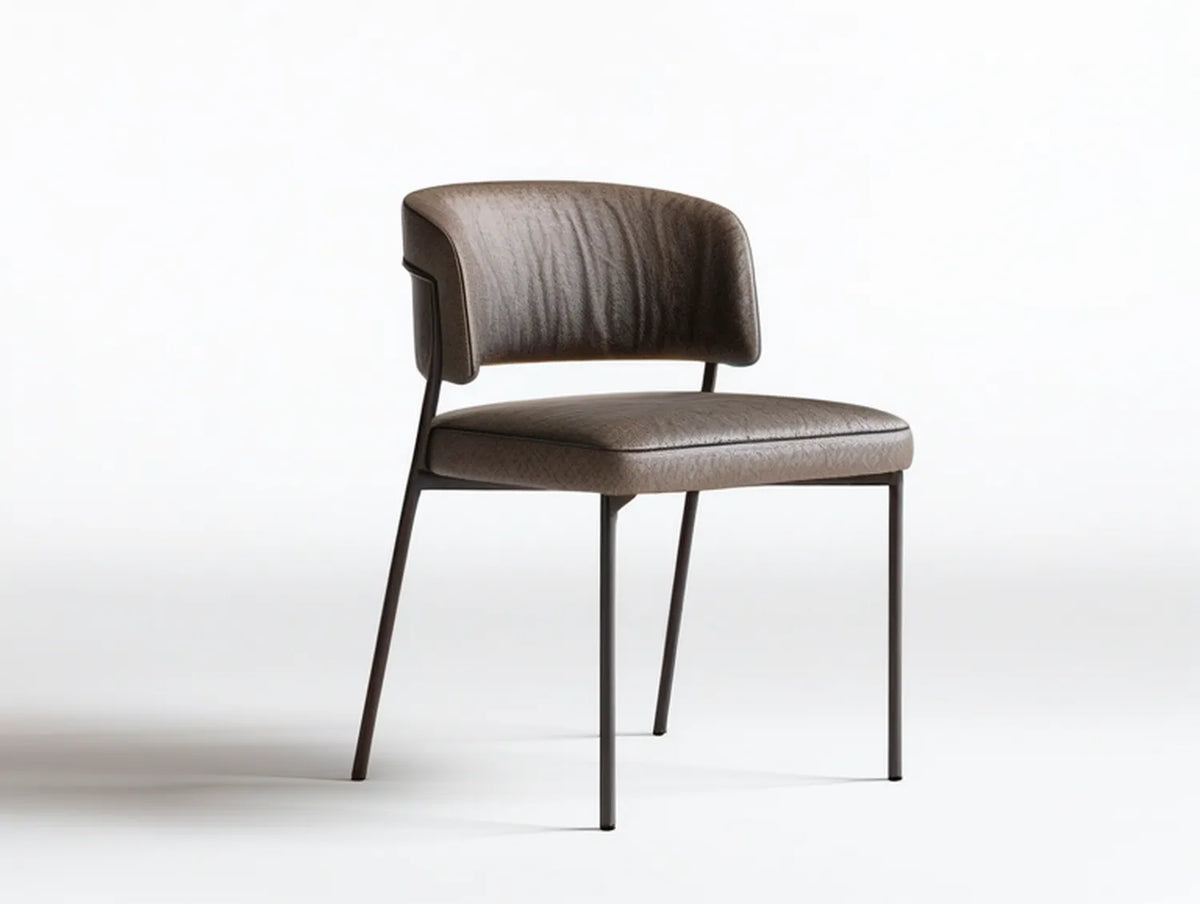 Brown PU Leather Upholstered Chair with Curved Back, Black Steel Legs, 20.5 x 22 x 31.5 in