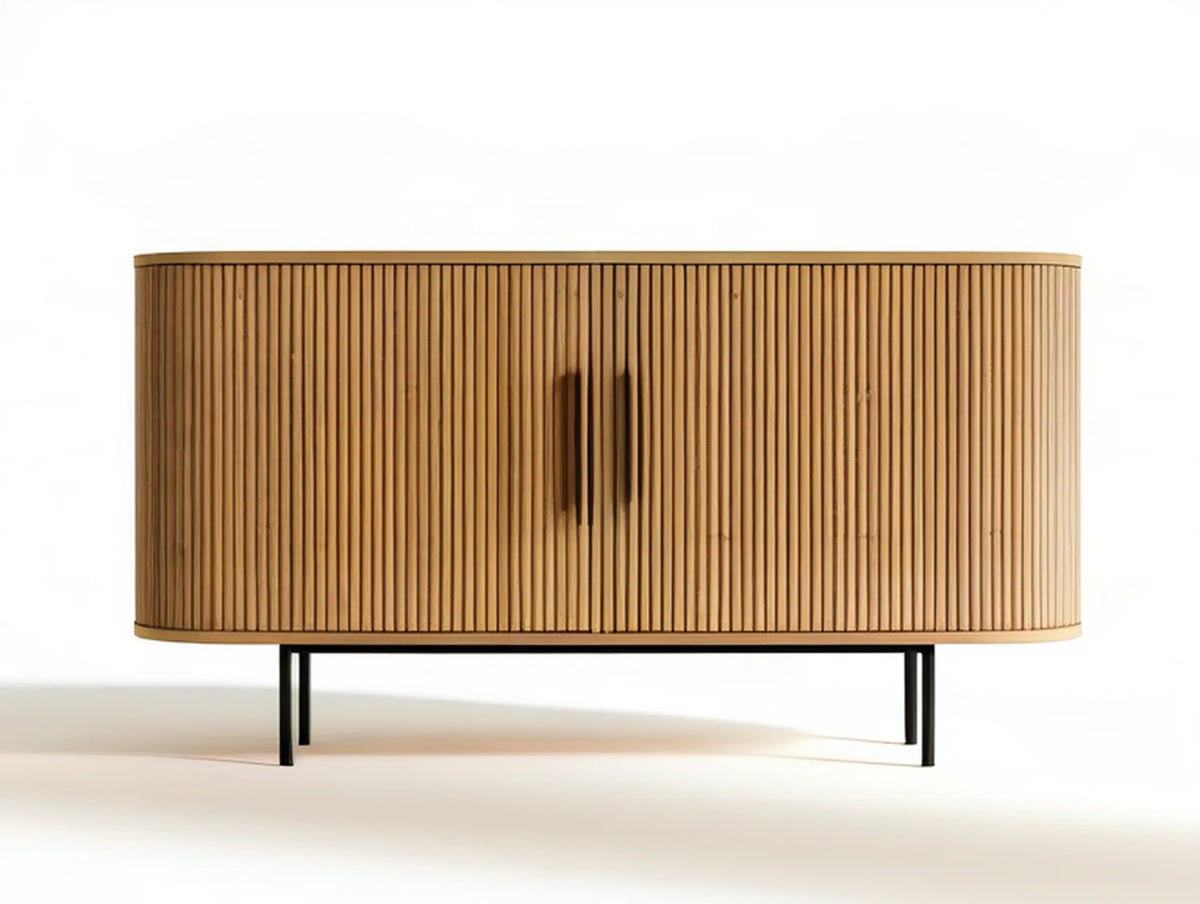 63 x 16 x 30 in Oval Slatted Media Console, Natural Oak with Black Steel Legs