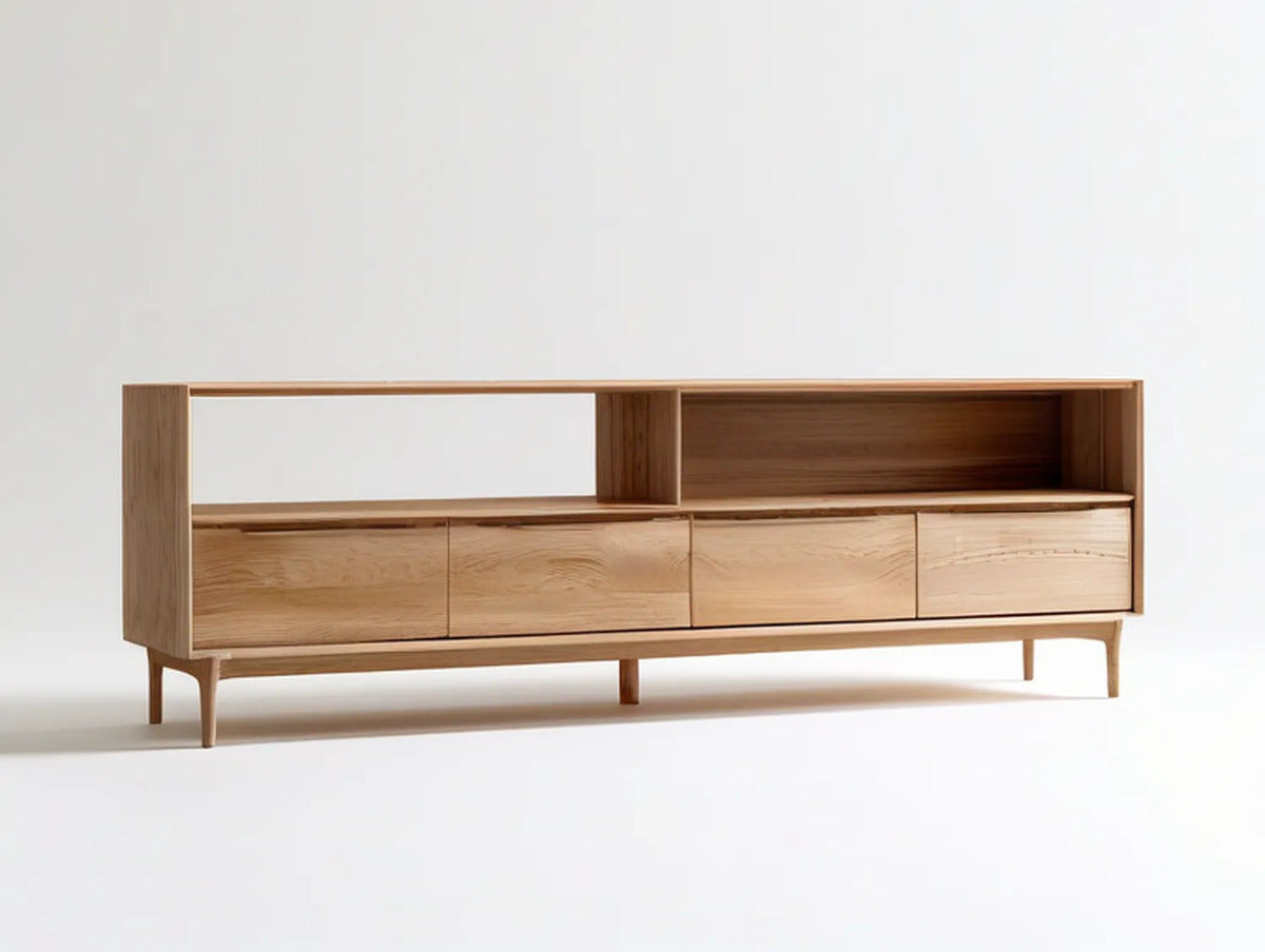 Natural Oak Media Console with 4 Drawers and Open Shelves, 70.9 x 15.7 x 31.5 in