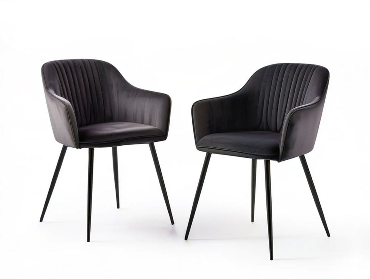 Set of 2 Black Velvet Upholstered Dining Armchairs with Steel Legs, 22.4 x 23.6 x 32.7 in
