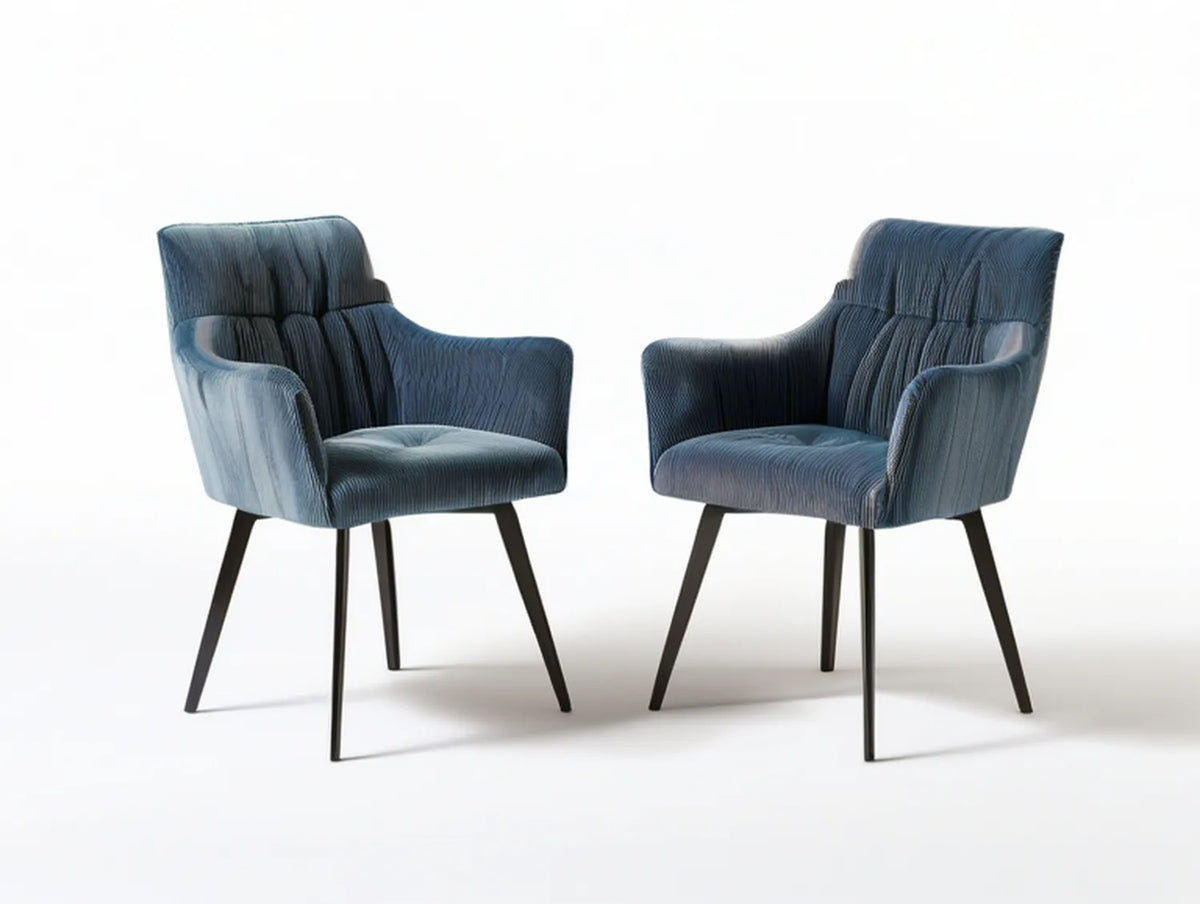 Set of 2 Blue Velvet Upholstered Armchairs with Black Steel Legs, 23.6 x 24.4 x 33.5 in