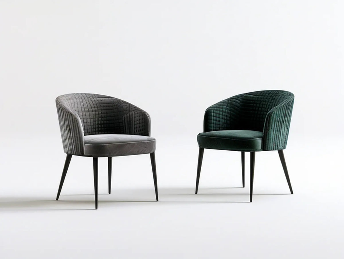 Set of 2 Curved Barrel Dining Chairs, Polyester Velvet in Dark Gray and Green with Black Legs, 22.8 x 23.6 x 31.9 in