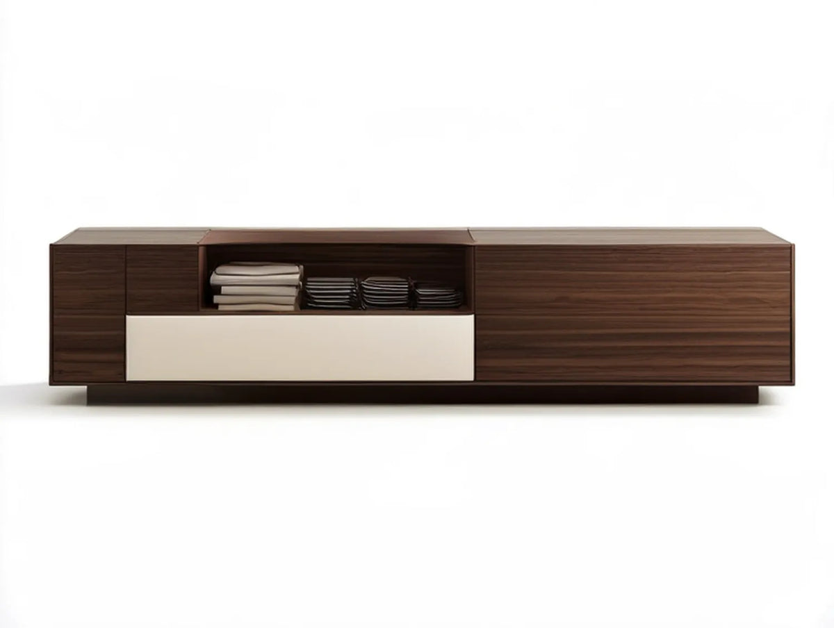 78.7 in Walnut Brown, White and Dark Brown Engineered Wood TV Stand with Drawer and Open Storage