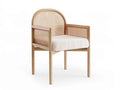 Natural Rubberwood and Rattan Armchair with Cream Boucle Upholstered Seat, 23.6 x 23.2 x 34.6 in