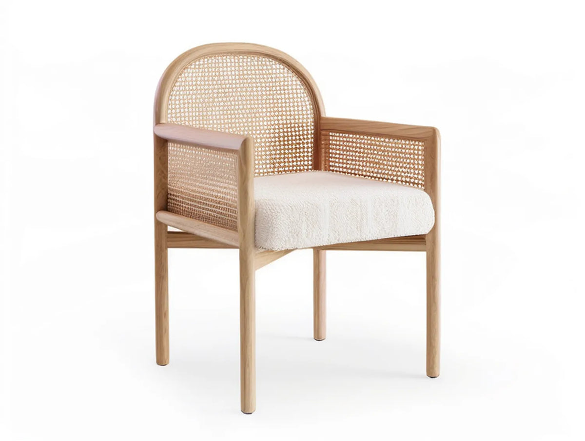Natural Rubberwood and Rattan Armchair with Cream Boucle Upholstered Seat, 23.6 x 23.2 x 34.6 in