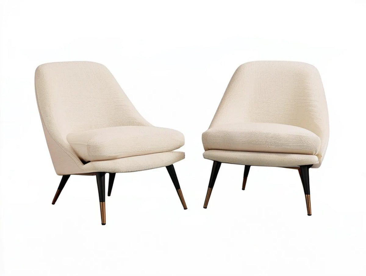Set of 2 Cream Boucle Upholstered Dining Chairs with Black and Brass Legs, 25 x 28 x 32 in