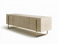 70.9 in Rectangular TV Stand, Beige Crackle Finish Engineered Wood Cabinet with Bronze Steel Legs