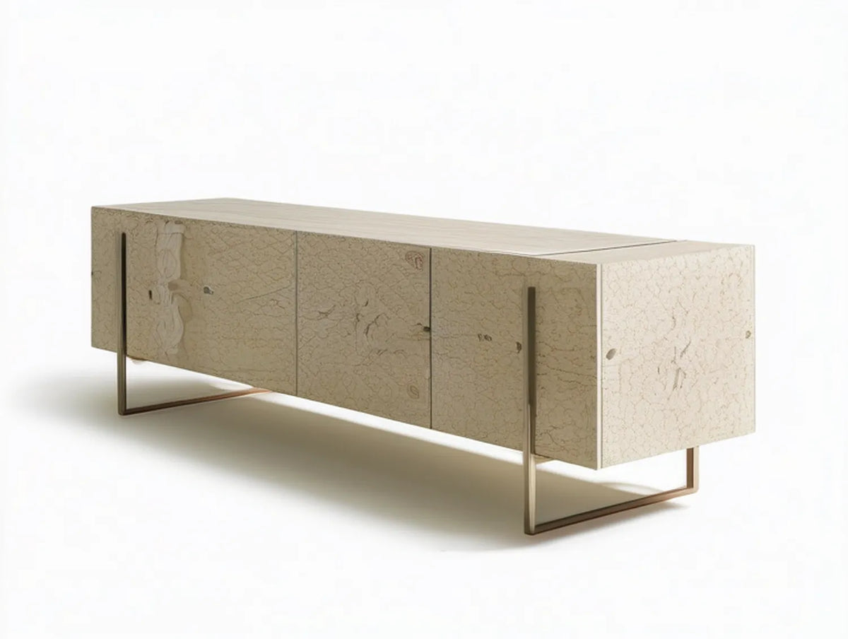 70.9 in Rectangular TV Stand, Beige Crackle Finish Engineered Wood Cabinet with Bronze Steel Legs