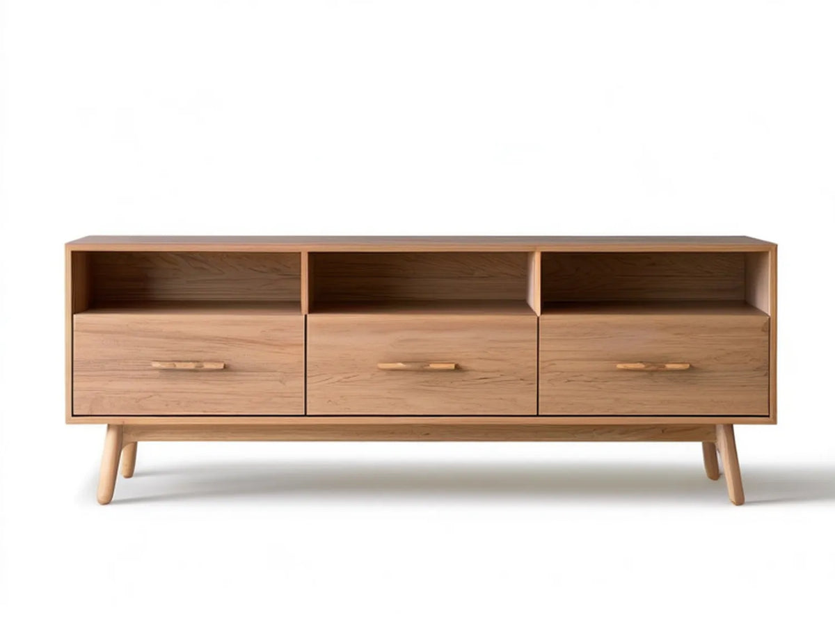 Natural Oak Solid Wood TV Stand, 70.9 x 15.7 x 29.5 in, 3 Drawers and 3 Open Compartments