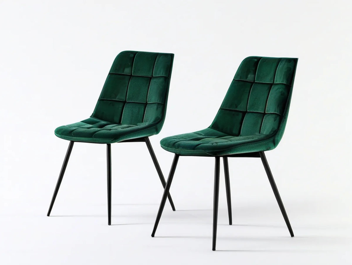 Set of 2 Dark Green Velvet Upholstered High-Back Dining Chairs with Black Steel Legs, 17.7 x 21.7 x 34.3 in