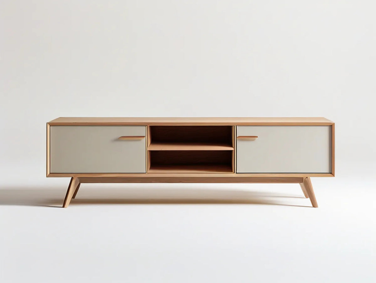 Mid-Century Modern TV Stand, 70.9 x 15.7 x 25.6 in, MDF and Rubberwood Media Console with 2 Doors and Open Shelves, Natural Wood/Beige