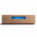 71 in Natural Brown Oak Veneer TV Stand with Blue LED Shelf, Side Storage and Center Drawer